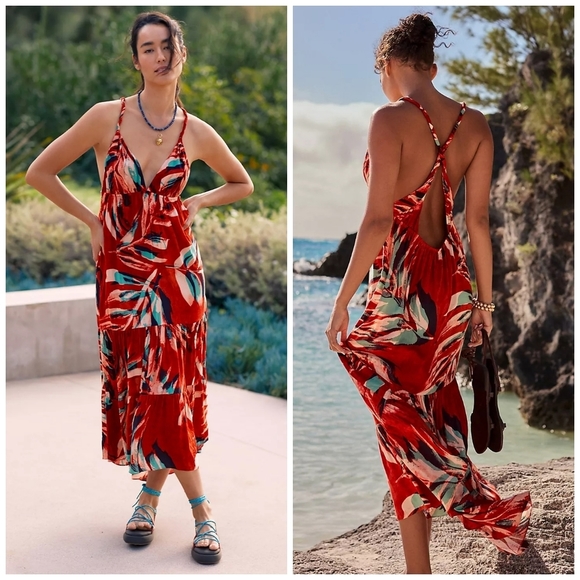 Anthropologie Red and Blue Midi Dress - Picture 1 of 14